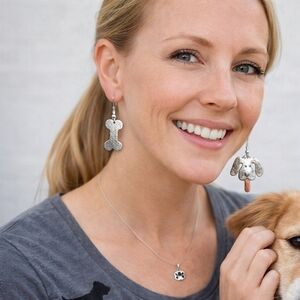 Sterling Silver Dog & Bone Earrings Handmade | Mixed Metal Puppy Lover Dangle Ea